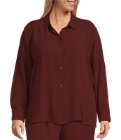 Eileen Fisher Plus Size Silk Georgette Crepe Point Collar Long Sleeve Button Front Classic Shirt