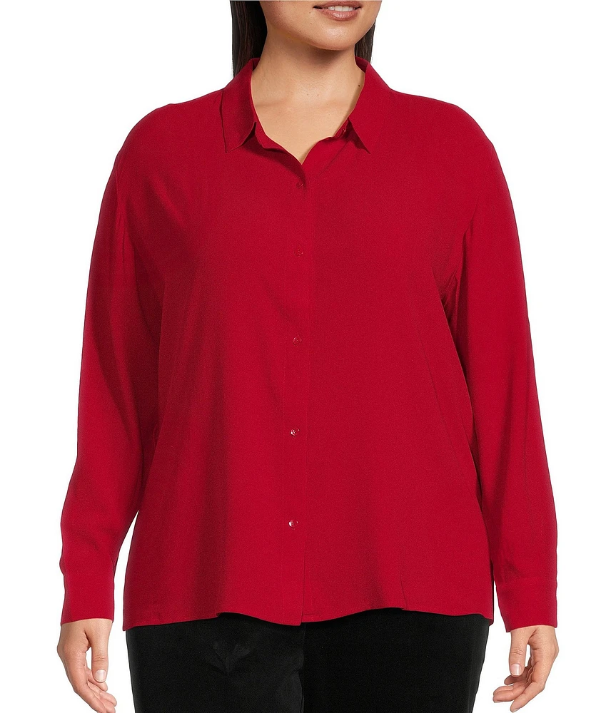 Eileen Fisher Plus Size Silk Georgette Crepe Point Collar Long Sleeve Button Front Classic Shirt