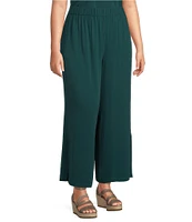 Eileen Fisher Plus Size Silk Georgette Crepe Wide-Leg High Side Slit Pull-On Ankle Pants