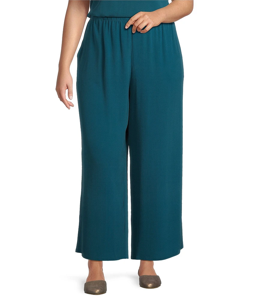 Eileen Fisher Plus Size Silk Georgette Crepe Wide-Leg Pull-On Ankle Pants
