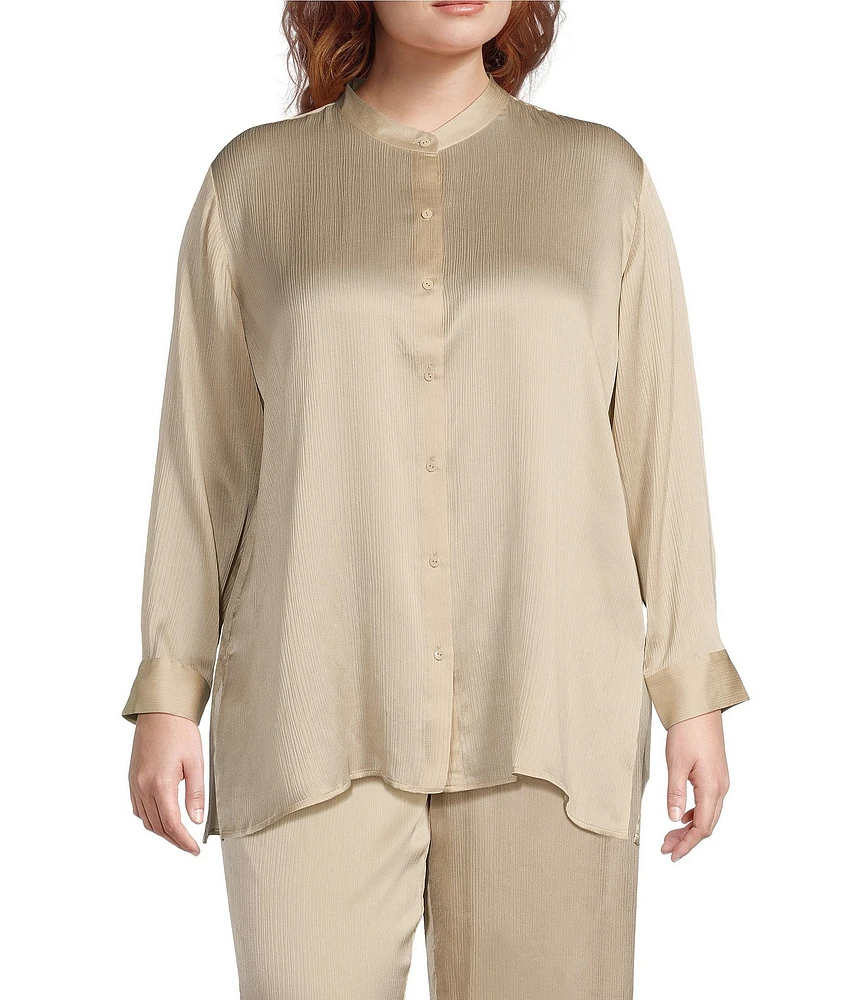 Eileen Fisher Plus Size Silk Satin Mandarin Collar Long Sleeve Button-Front Shirt