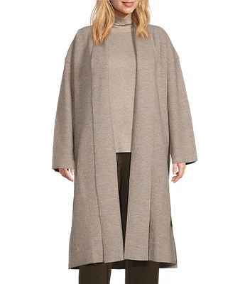 Eileen Fisher Plus Size Soft Wool Stand Collar Long Sleeve Side Pocket Open-Front Long Coat