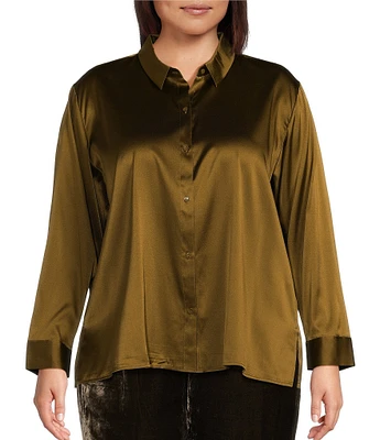 Eileen Fisher Plus Size Stretch Silk Charmeuse Point Collar Long Sleeve Button Front Classic Shirt