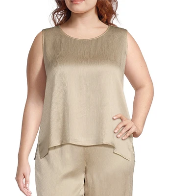 Eileen Fisher Plus Size Striated Silk Satin Round Neck Sleeveless Shell