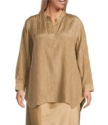Eileen Fisher Plus Size Textured Silk Jacquard Mandarin Collar Long Sleeve Tunic