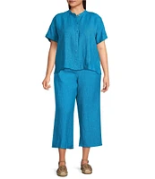 Eileen Fisher Plus Size Washed Organic Linen Elastic Waist Wide Leg Cropped Pants