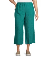 Eileen Fisher Plus Size Washed Organic Linen Elastic Waist Wide Leg Cropped Pants