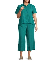 Eileen Fisher Plus Size Washed Organic Linen Elastic Waist Wide Leg Cropped Pants