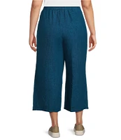 Eileen Fisher Plus Size Washed Organic Linen Elastic Waist Wide Leg Cropped Pants