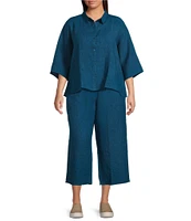 Eileen Fisher Plus Size Washed Organic Linen Elastic Waist Wide Leg Cropped Pants