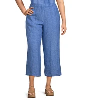 Eileen Fisher Plus Size Washed Organic Linen Elastic Waist Wide Leg Cropped Pants