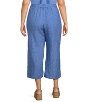 Eileen Fisher Plus Size Washed Organic Linen Elastic Waist Wide Leg Cropped Pants
