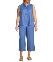 Eileen Fisher Plus Size Washed Organic Linen Elastic Waist Wide Leg Cropped Pants
