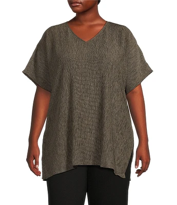 Eileen Fisher Plus Size Woven Plisse V-Neck Short Sleeve Boxy Tunic