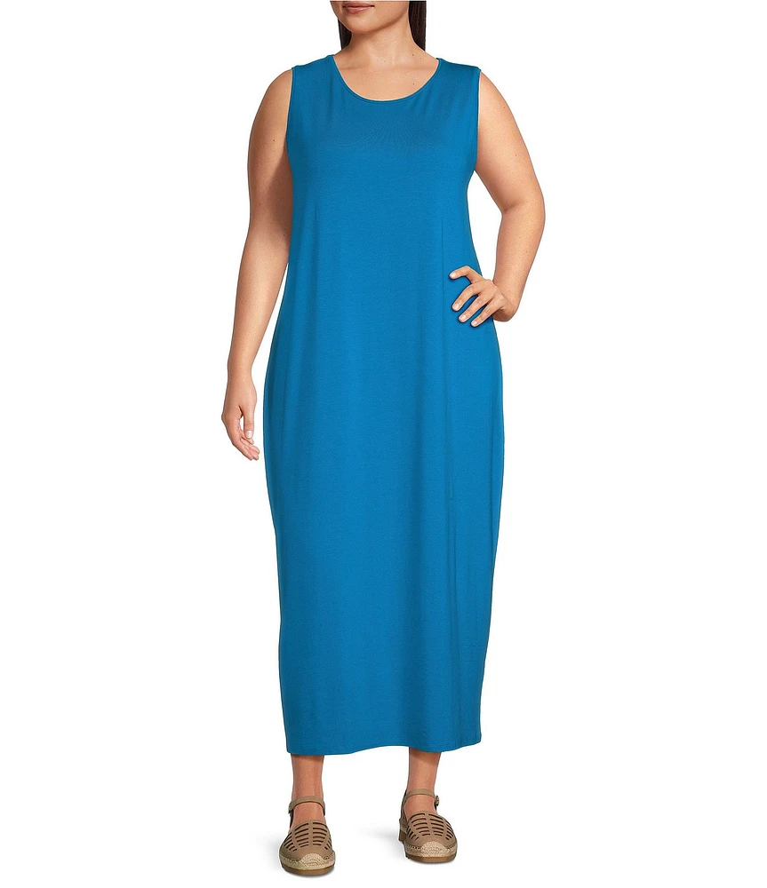 Eileen Fisher Plus Stretch Jersey Knit Round Neck Sleeveless Midi Dress