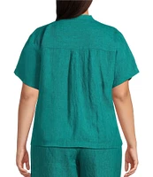 Eileen Fisher Plus Washed Organic Linen Mandarin Collar Short Sleeve Button Front Top