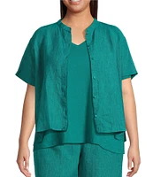 Eileen Fisher Plus Washed Organic Linen Mandarin Collar Short Sleeve Button Front Top