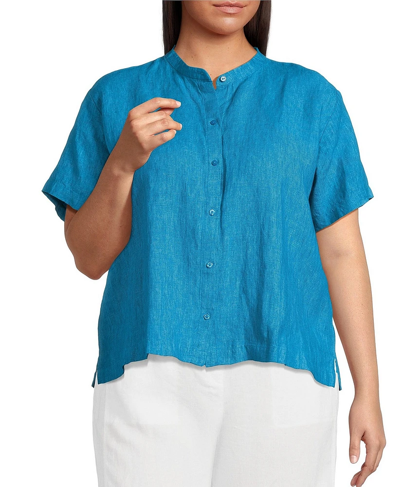 Eileen Fisher Plus Washed Organic Linen Mandarin Collar Short Sleeve Button Front Top