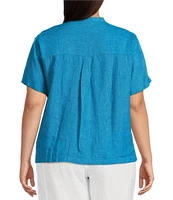 Eileen Fisher Plus Washed Organic Linen Mandarin Collar Short Sleeve Button Front Top