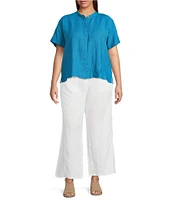 Eileen Fisher Plus Washed Organic Linen Mandarin Collar Short Sleeve Button Front Top
