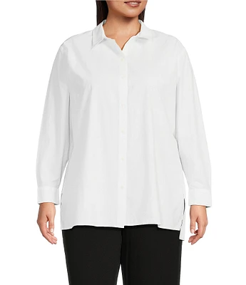 Eileen Fisher Plus Washed Organic Cotton Poplin Point Collar Long Sleeve Button-Front Shirt