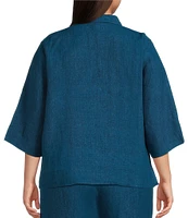 Eileen Fisher Plus Size Washed Organic Linen Point Collar 3/4 Sleeve Button Front Shirt