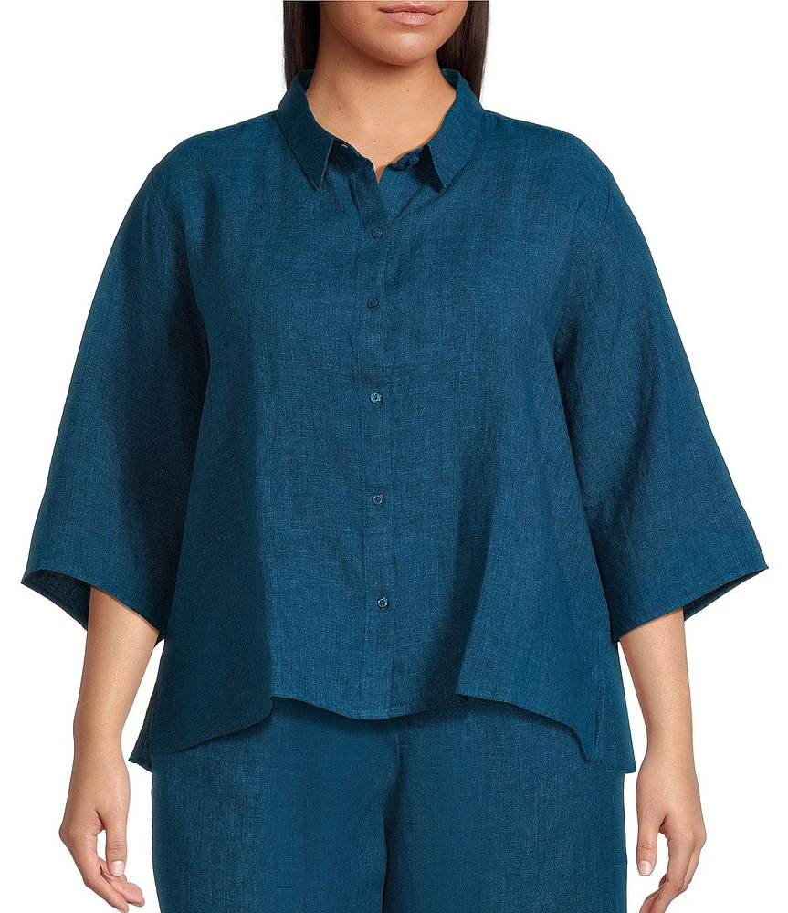 Eileen Fisher Plus Size Washed Organic Linen Point Collar 3/4 Sleeve Button Front Shirt