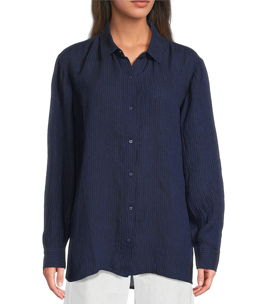 Eileen Fisher Puckered Organic Linen Point Collar Long Sleeve Top