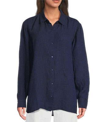 Eileen Fisher Puckered Organic Linen Point Collar Long Sleeve Top