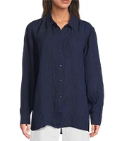 Eileen Fisher Puckered Organic Linen Point Collar Long Sleeve Top