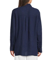 Eileen Fisher Puckered Organic Linen Point Collar Long Sleeve Top