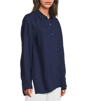 Eileen Fisher Puckered Organic Linen Point Collar Long Sleeve Top