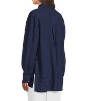 Eileen Fisher Puckered Organic Linen Point Collar Long Sleeve Top