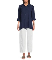 Eileen Fisher Puckered Organic Linen Point Collar Long Sleeve Top