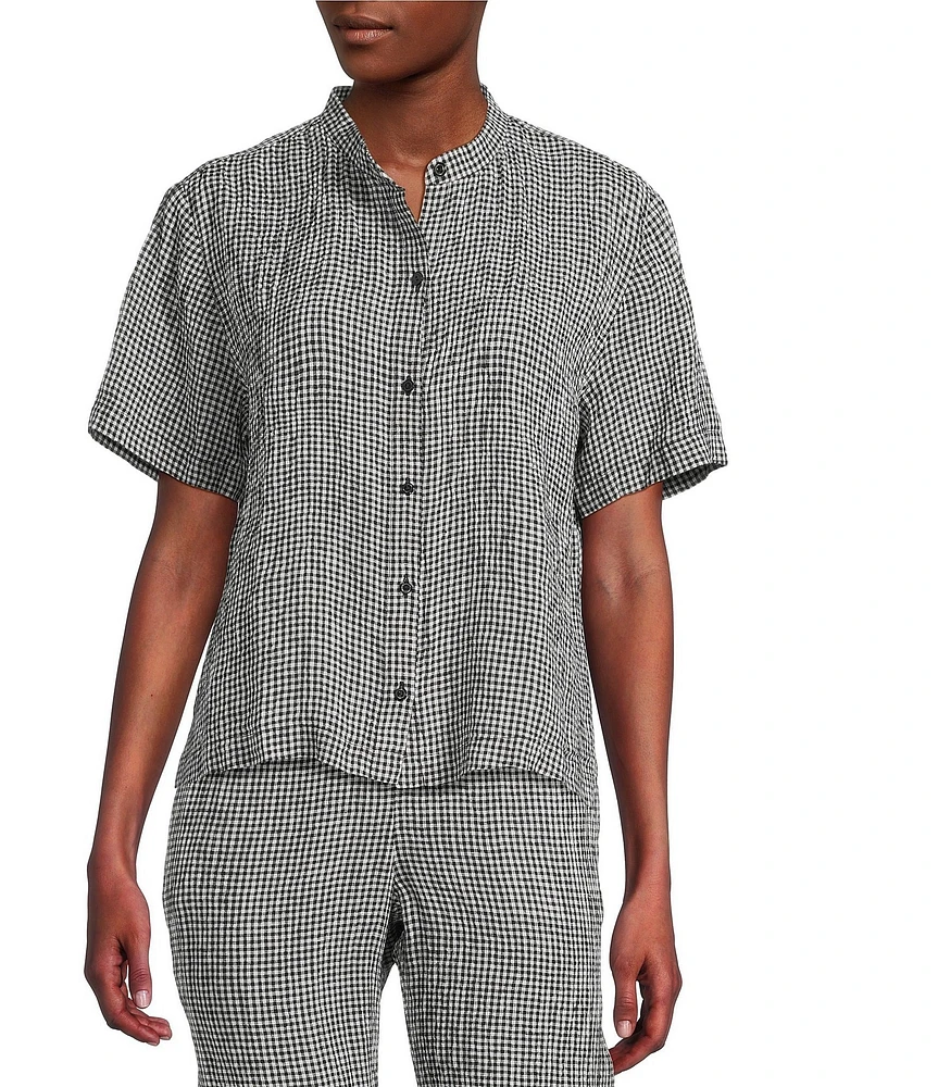 Eileen Fisher Puckered Organic Linen Gingham Mandarin Collar Short Sleeve Coordinating Top