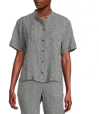 Eileen Fisher Puckered Organic Linen Gingham Mandarin Collar Short Sleeve Coordinating Top