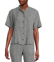 Eileen Fisher Puckered Organic Linen Gingham Mandarin Collar Short Sleeve Coordinating Top