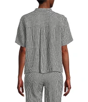 Eileen Fisher Puckered Organic Linen Gingham Mandarin Collar Short Sleeve Coordinating Top