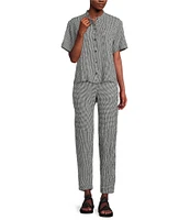 Eileen Fisher Puckered Organic Linen Gingham Mandarin Collar Short Sleeve Coordinating Top