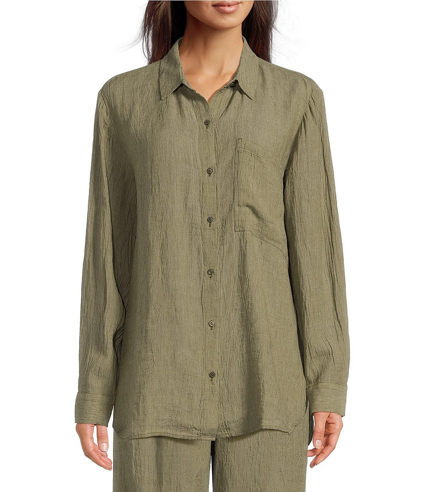Eileen Fisher Puckered Organic Linen Point Collar Long Sleeve Shirt