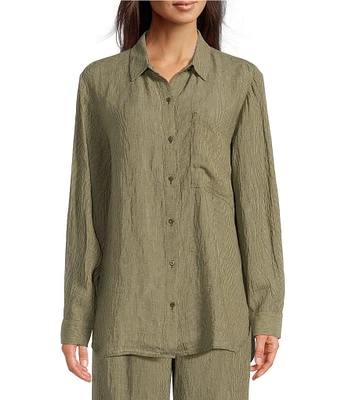 Eileen Fisher Puckered Organic Linen Point Collar Long Sleeve Shirt