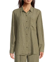 Eileen Fisher Puckered Organic Linen Point Collar Long Sleeve Shirt