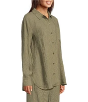 Eileen Fisher Puckered Organic Linen Point Collar Long Sleeve Shirt