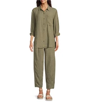 Eileen Fisher Puckered Organic Linen Point Collar Long Sleeve Shirt