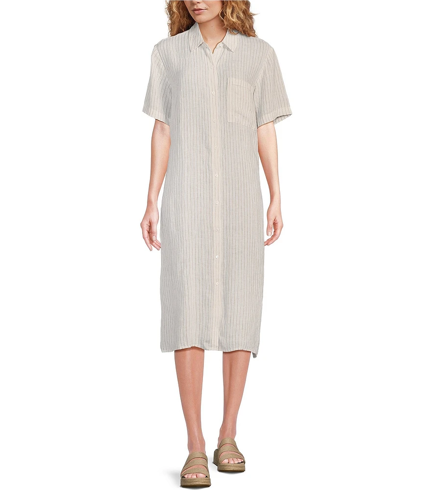 Eileen Fisher Puckered Organic Linen Point Collar Short Sleeve Button-Front Striped Shirt Dress