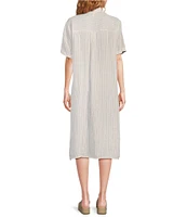 Eileen Fisher Puckered Organic Linen Point Collar Short Sleeve Button-Front Striped Shirt Dress