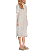 Eileen Fisher Puckered Organic Linen Point Collar Short Sleeve Button-Front Striped Shirt Dress