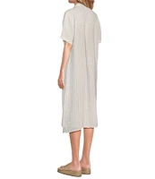 Eileen Fisher Puckered Organic Linen Point Collar Short Sleeve Button-Front Striped Shirt Dress