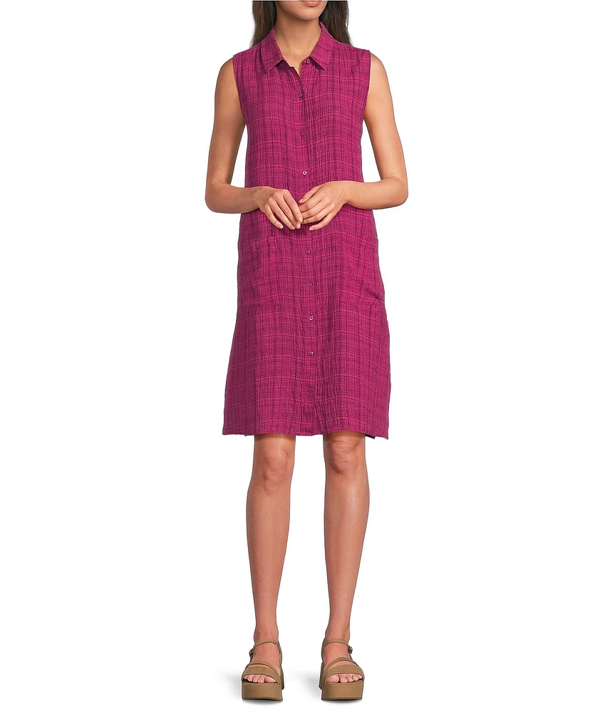 Eileen Fisher Puckered Organic Linen Point Collar Sleeveless Shirt Dress