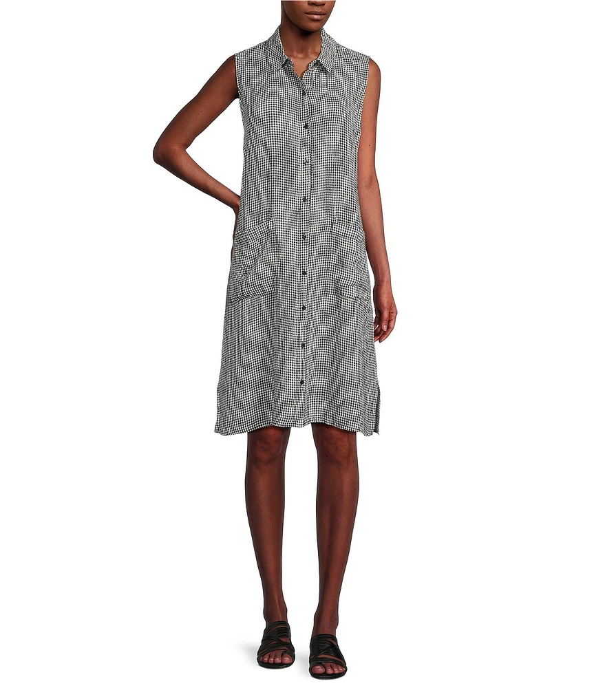 Eileen Fisher Puckered Organic Linen Point Collar Sleeveless Shirtdress